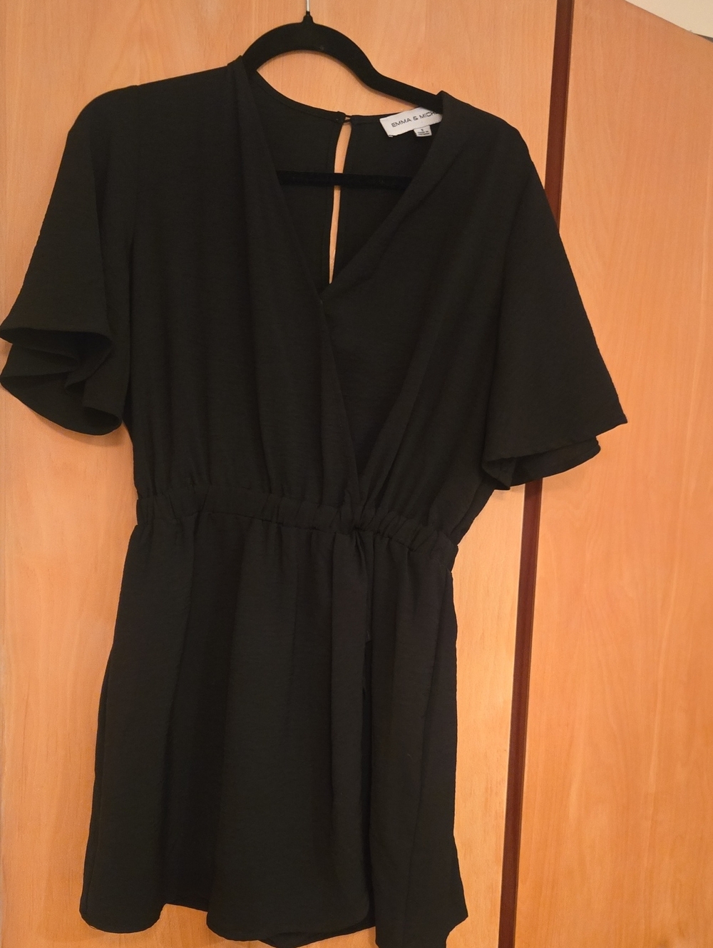 Black Short Flutter-Sleeve Wrap Romper